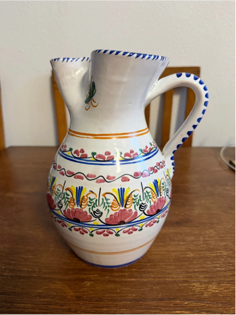 Vintage Puente Hand Painted Spanish Pottery Pitcher Floral Ceramic Jug Signe